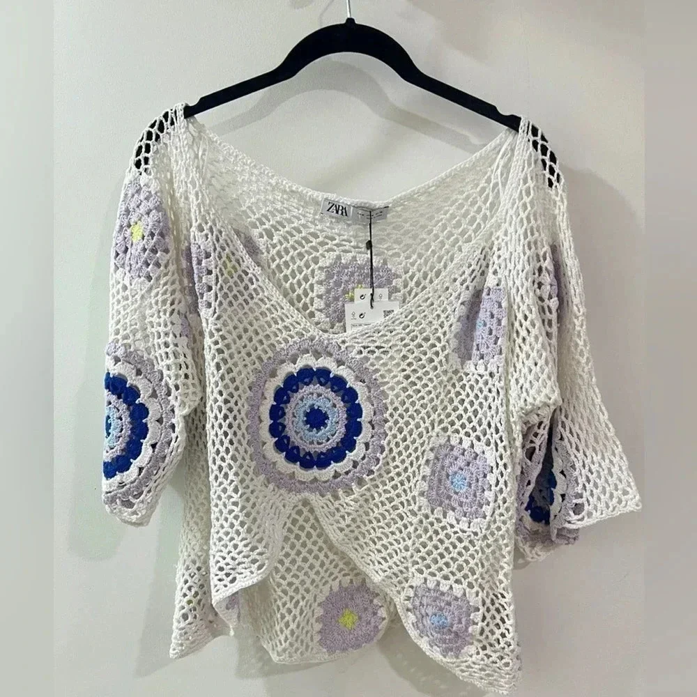 Zara crop top crochet evil eye cover-up wide boat neck swimsuit short sleeve